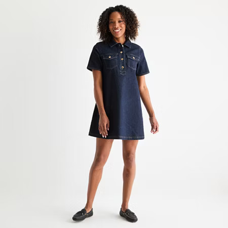 St. John's Bay Womens Short Sleeve A-Line Denim Dress, Petite Medium, Blue | JCPenney