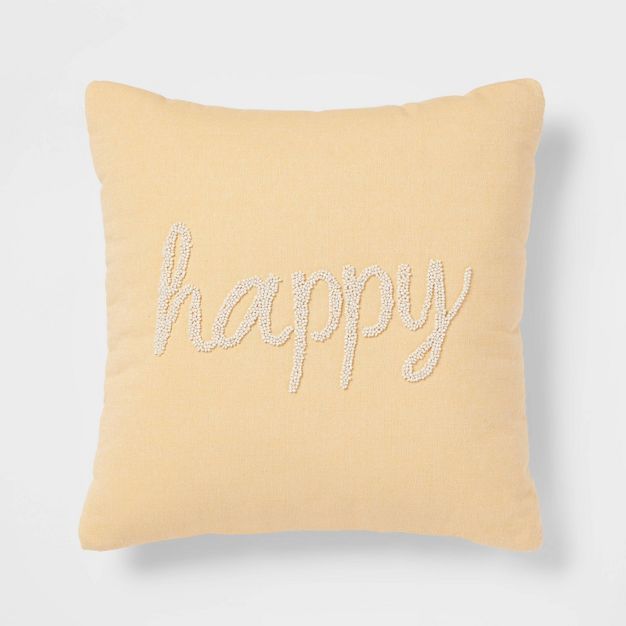 &#39;Happy&#39; Beaded Square Throw Pillow Yellow - Threshold&#8482; | Target