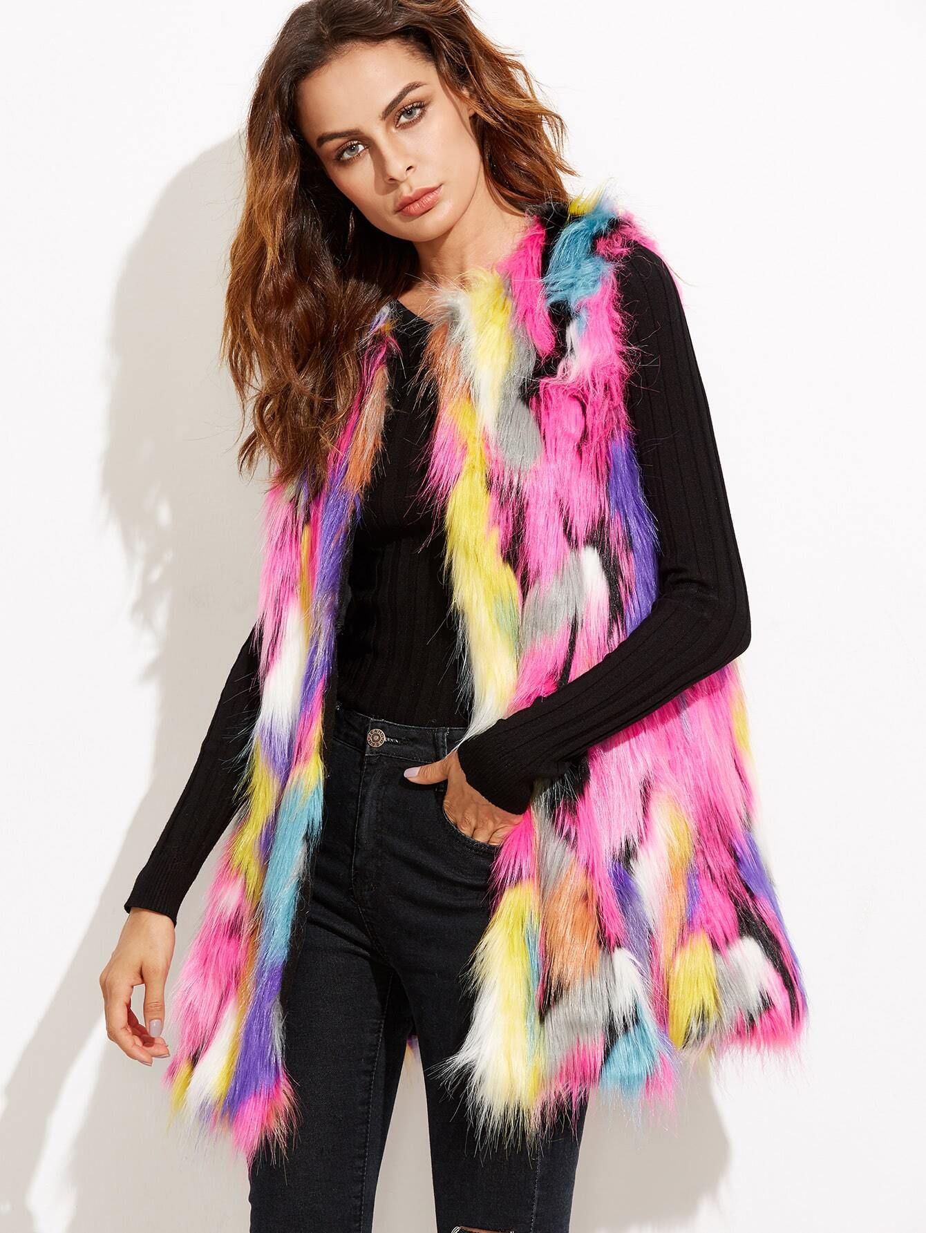 Multicolor Open Front Faux Fur Vest | SHEIN
