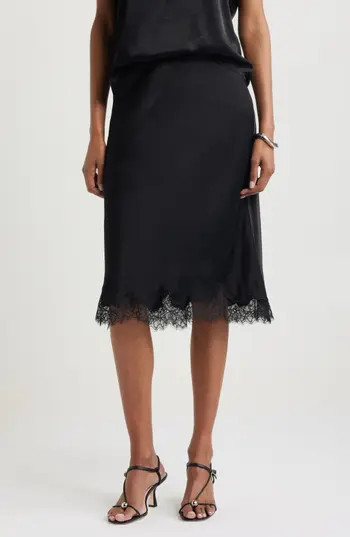 Nordstrom Lace Trim Bias Cut Midi Skirt in Black at Nordstrom Rack, Size Medium | Nordstrom Rack