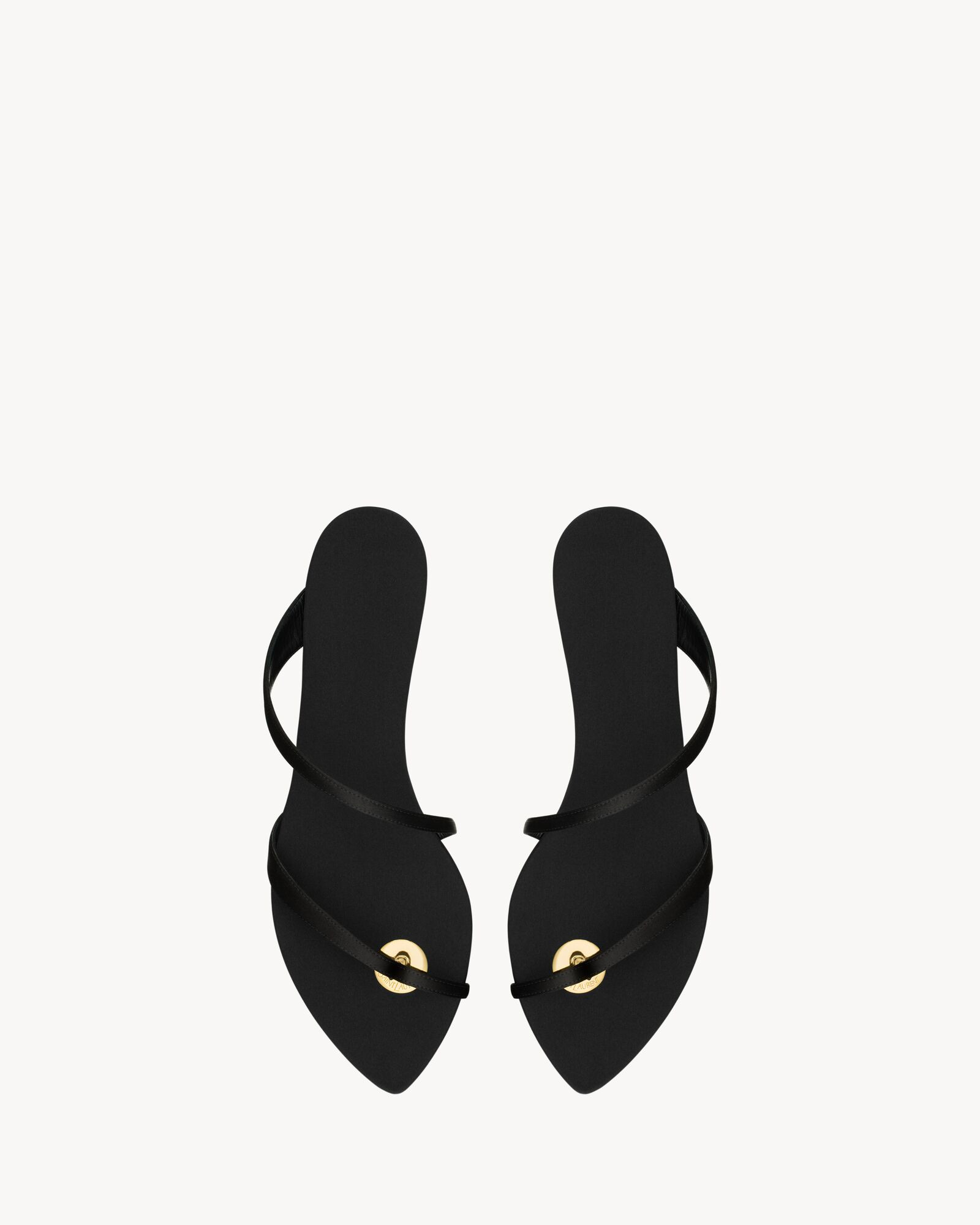 slide sandals with a pointed almond toe and asymmetrical arch bands, featuring a saint laurent-en... | Saint Laurent Inc. (Global)