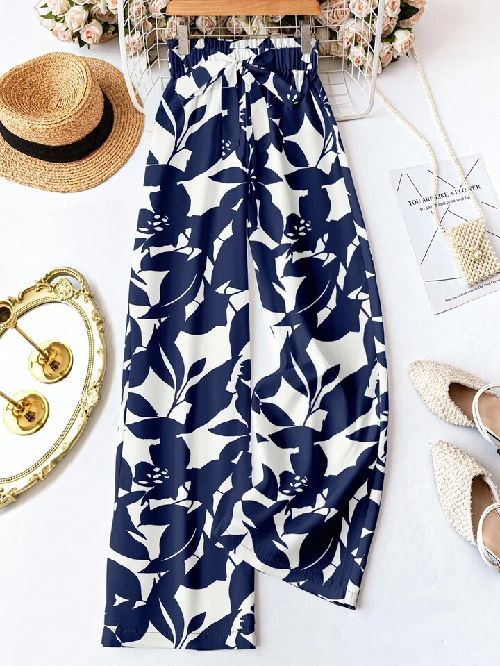 SHEIN LUNE Blue & White Silhouette Floral Pattern Vintage Waist Tie Trousers, Suitable For Women's Spring/Summer Vacation, Party, Wedding, Graduation Travel, Gifts | SHEIN