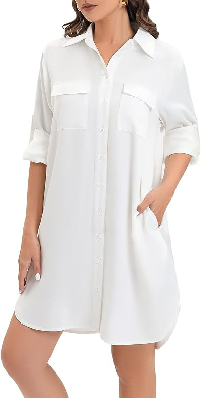 MANAIXUAN Women's Shirt Dress V Neck Long Sleeve Loose Casual with Pockets Front Button | Amazon (US)