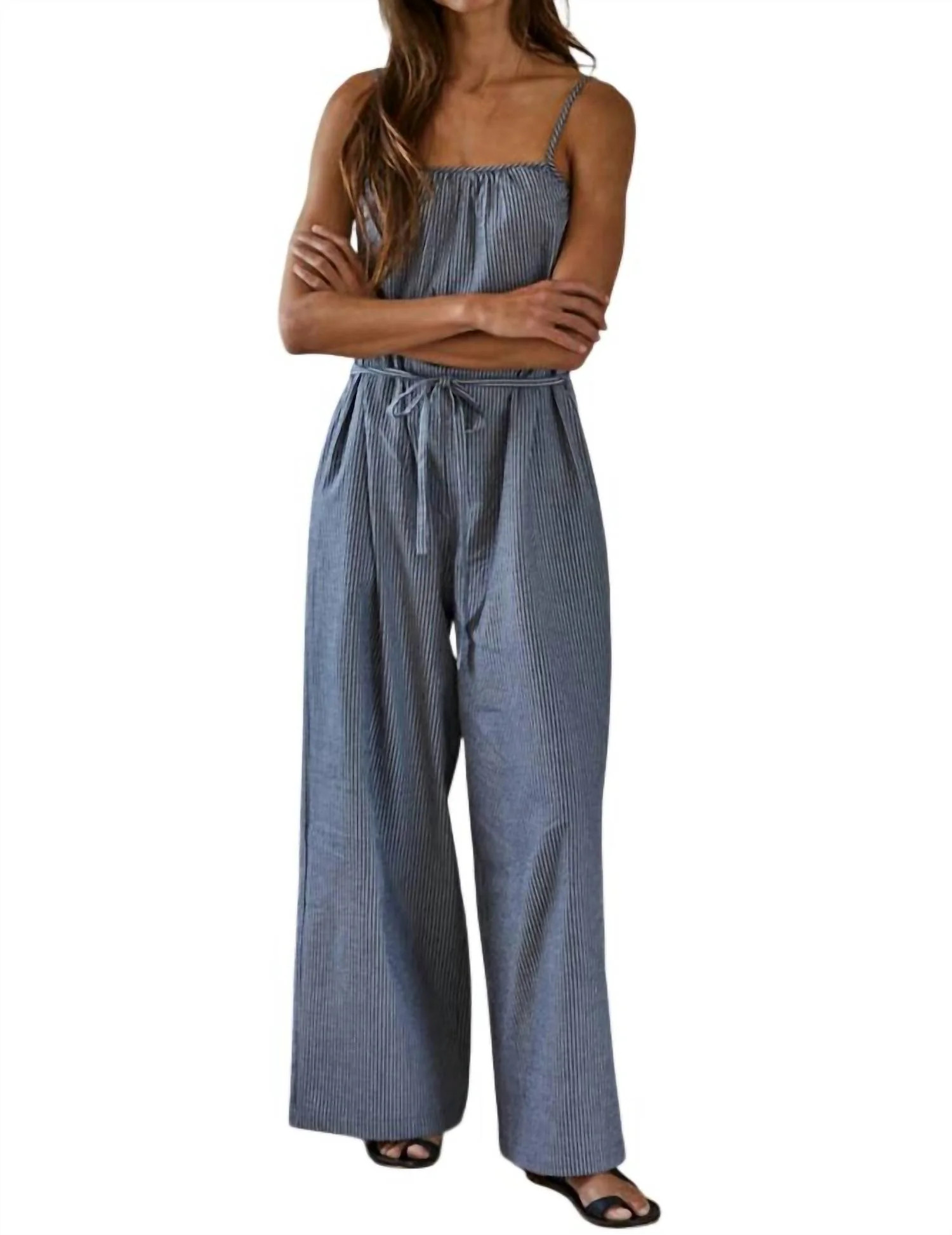 Striped Square Neck Wide Leg Jumpsuit In Dark Denim | Shop Simon
