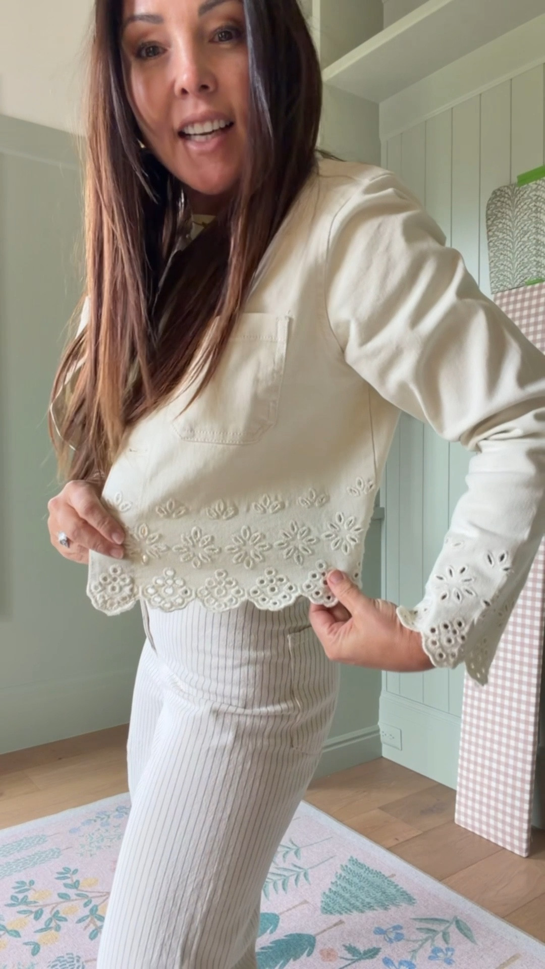 Cutest eylet cream denim jacket. 
Short sleeve sweater that’s better soft 
Striped crop jeans from last year but linked new version (same fit) wearing size 4.tts
Platform designer look alike sandals and belt. 

Spring/summer mom outfit
Affordable 
Walmart fashion 


#LTKOver40 #LTKMothersDay #LTKmomlife