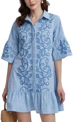 Kedera Women's Summer Button Down Shirt Embroidered Dress Ruffle Sleeve Shift Mini Dresses with P... | Amazon (US)