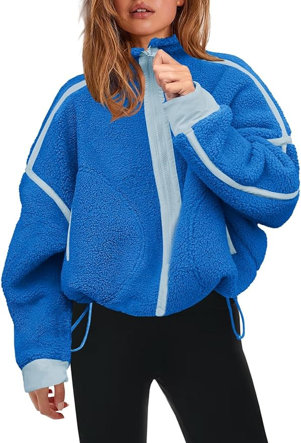 Womens Fleece Zip Down Jacket Soft Oversized Crop Sweatshirt with Pockets Long Sleeve Winter Coat... | Amazon (US)