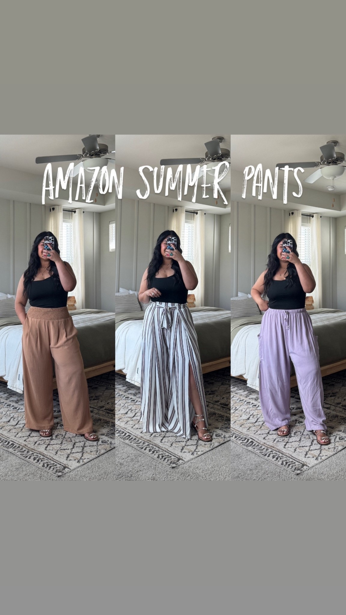 I’m 5’1”, size 12, large. All pants are from Amazon // KHAKI PANTS: I sized up to an XL in these and I’m glad I did! It allowed for more room in my thighs and hips and a comfier fit in the waist. // STRIPED PANTS: wearing my true size large, these have shorts underneath so you can’t see through them. Love the fun slit on the sides! // PURPLE PANTS: wearing my true size large, these are a lightweight linen type of material. They are very loose fitting throughout the leg and the comfiest pants ever! // tank I’m wearing is also from Amazon and comes in a pack of 3! It’s double lined and the perfect cropped fit. Love the thin straps! I’ll also link the nip covers I’m wearing. // sized up 1/2 size in the sandals. 

#LTKPetite #LTKMidsize #LTKFindsUnder50