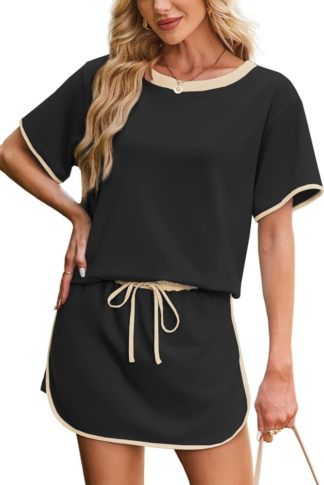 Women's 2 Piece Sets Summer Casual Short Sleeve Tops and Matching Drawstring Skort Going Out Loun... | Amazon (US)