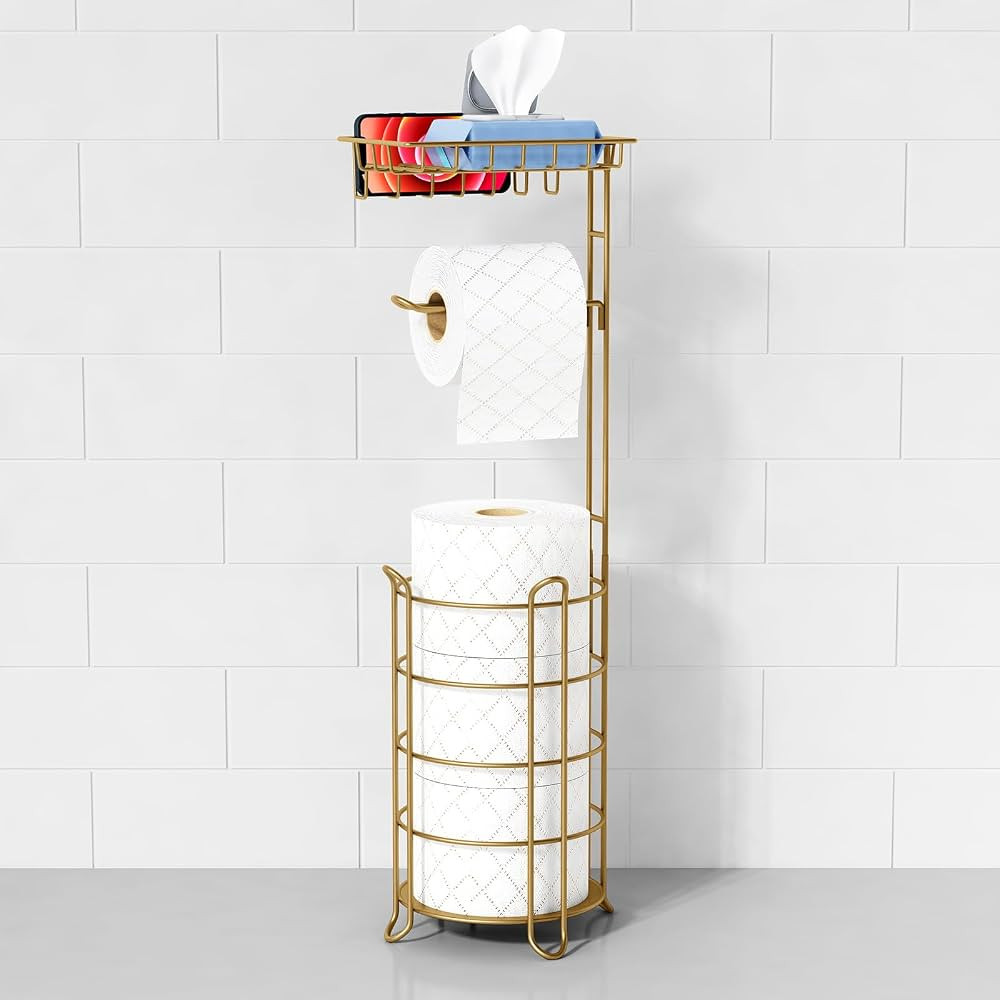 Gold Free Standing Toilet Paper Holder Stand with Phone Shelf, Floor Bathroom Tissue Holder for L... | Amazon (US)