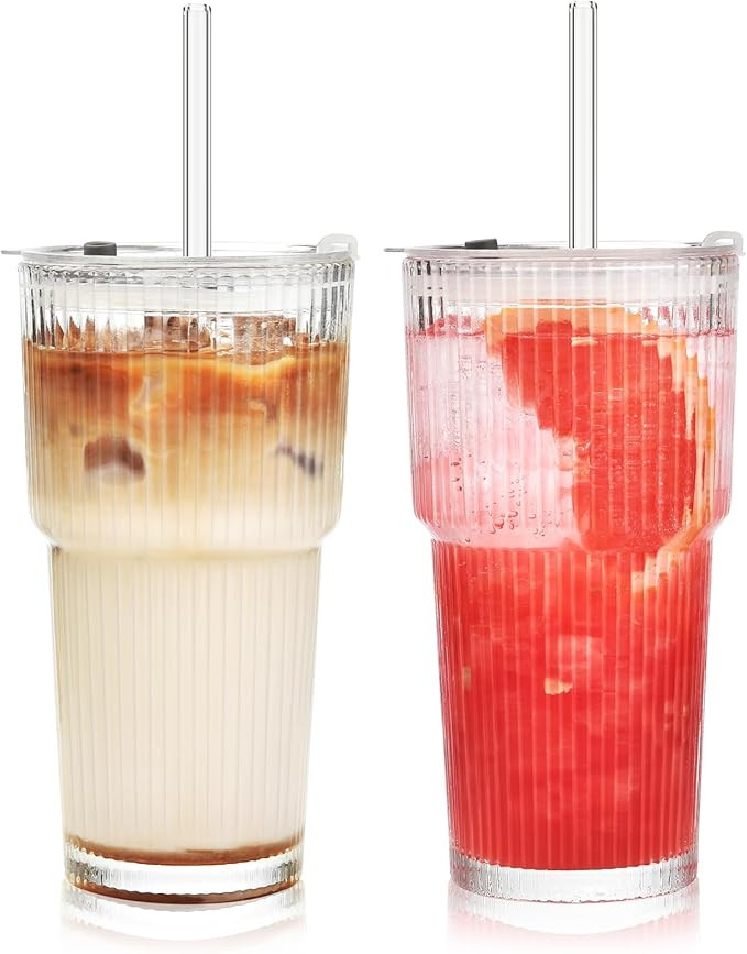 ALINK 20 oz Ribbed Glass Tumbler with Lids and Straws, Ripple Iced Coffee Cups, Thickened Drinkin... | Amazon (US)
