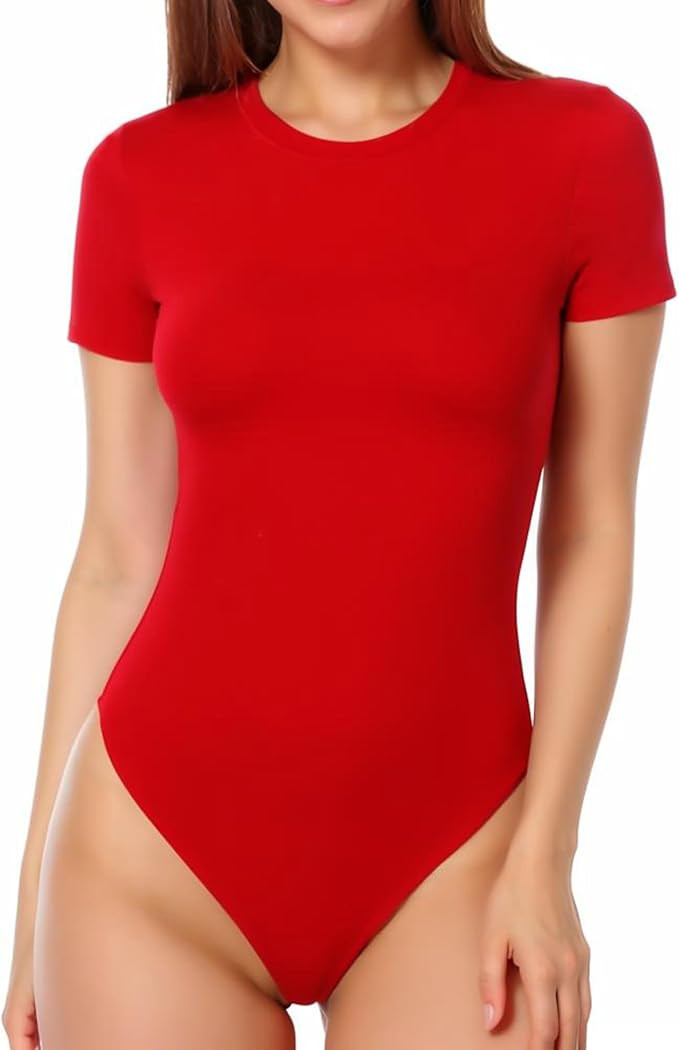 MANGOPOP Women's Round Neck Short Sleeve Bodysuit T Shirts Basic Body Suit Tops | Amazon (US)