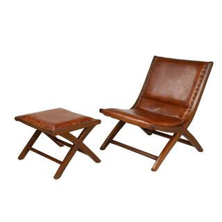 Litton Lane Brown Upholstered Leather Teak Wood Accent Chair with Ottoman 64781 - The Home Depot | The Home Depot