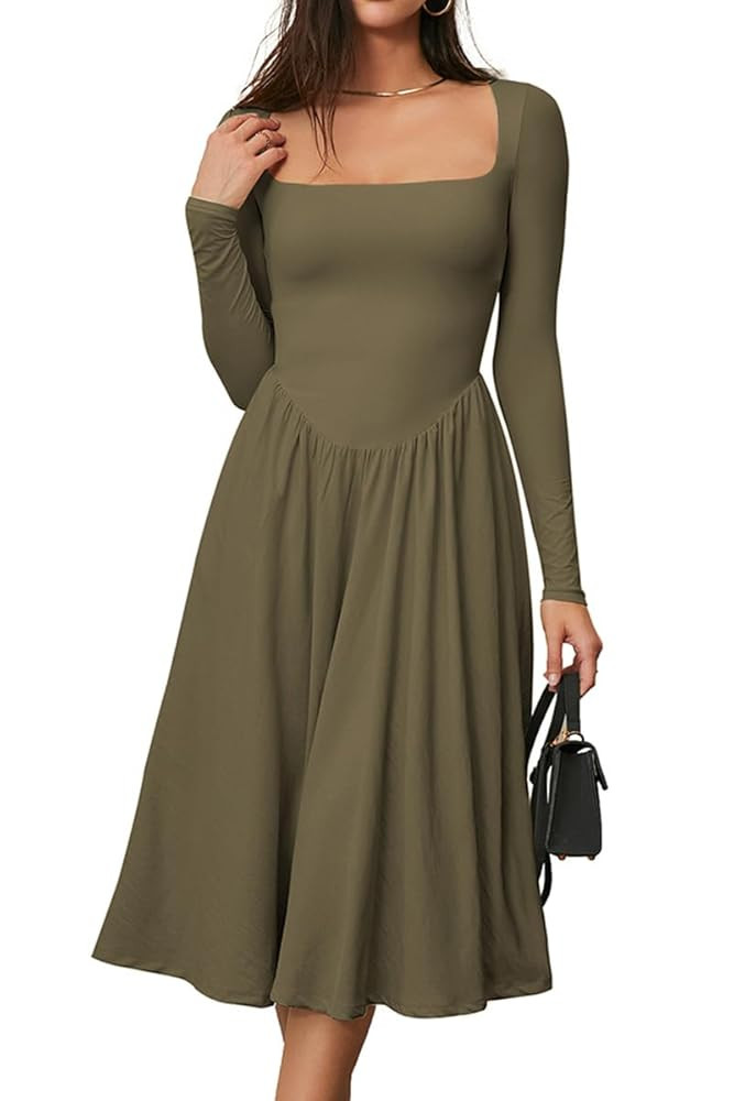 CHYRII Women Spring Fashion 2025 Square Neck Long Sleeve Casual A-Line Midi Dress | Amazon (US)