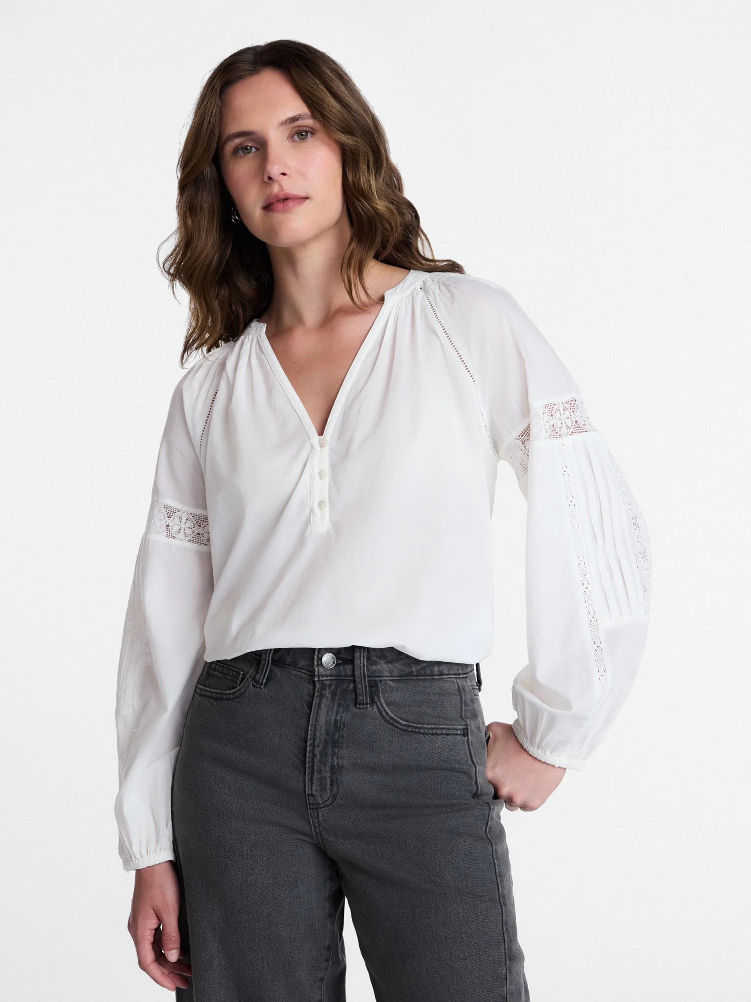 Time and Tru Women's Lace Insert Popover Full Sleeve Top, Sizes XS - XXXL | Walmart (US)