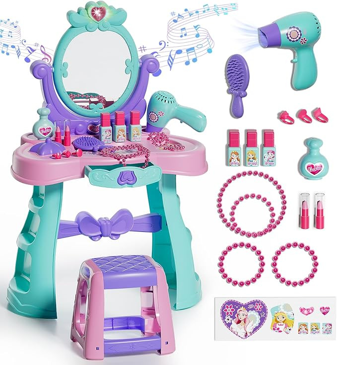 Lehoo Castle Kids Vanity Table and Chair Set with Mirror Light Music, Toddler Girls Makeup Table ... | Amazon (US)