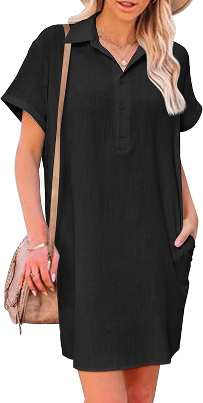 Zeagoo Womens Cotton Shirt Dress Summer Casual Short Sleeve Button Down Beach Cover Up Shirts wit... | Amazon (US)