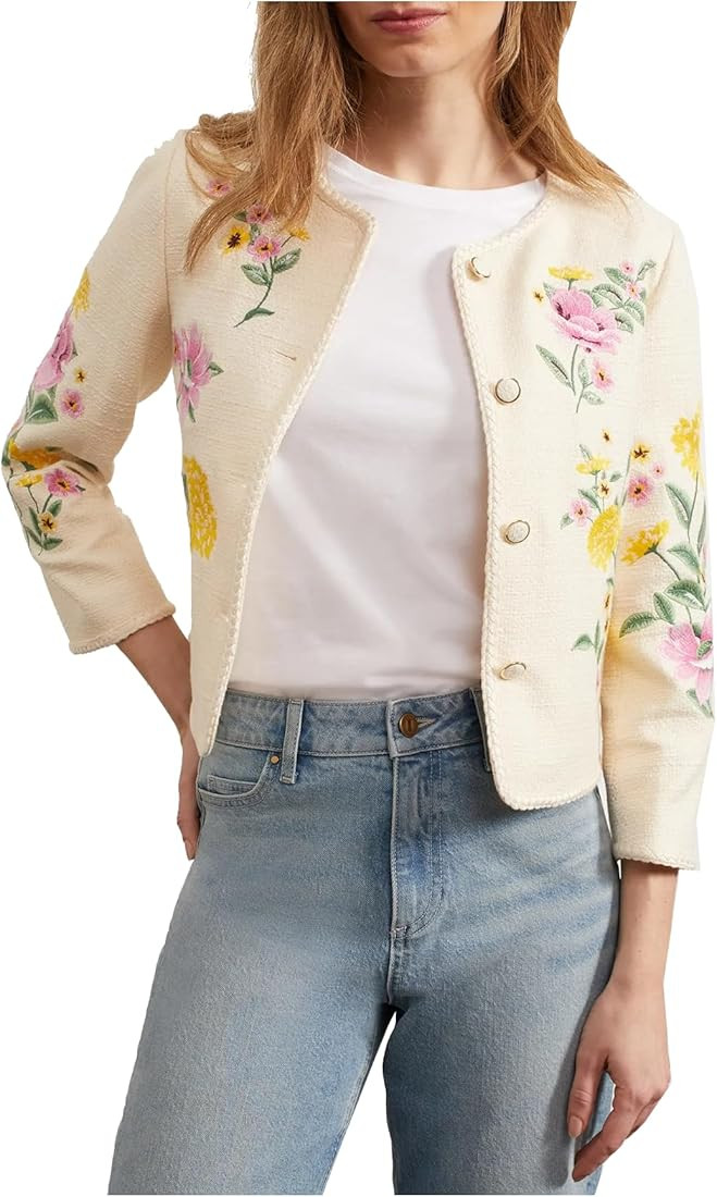 Women's Embroidered Floral Tweed Jacket Cropped Collarless Lightweight Open Front Elegant Jackets | Amazon (US)