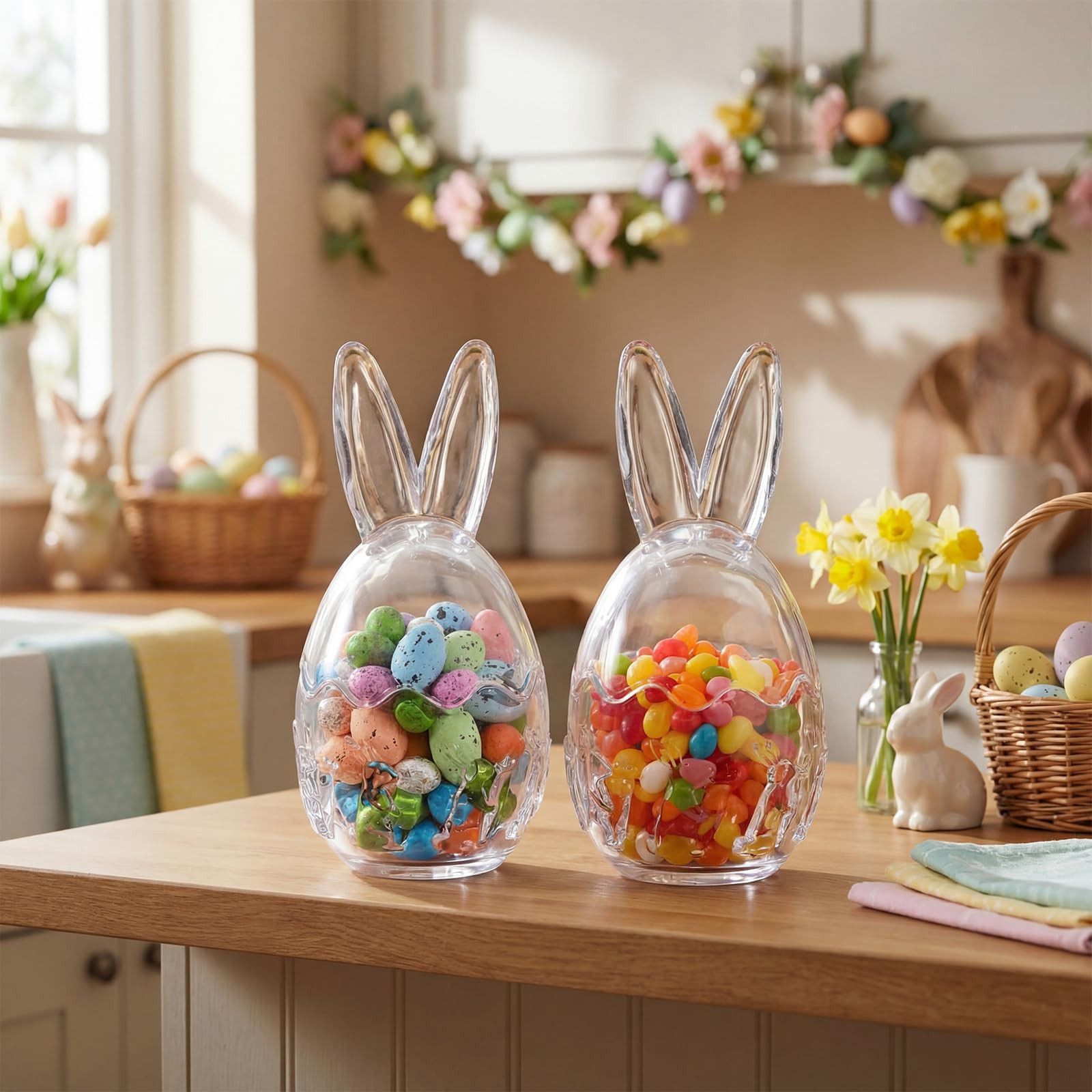 2 Pcs 10.8 oz Easter Glass Jar with Lid Large Bunny Ear Egg Candy Jar Clear Decorative Food Stora... | Amazon (US)