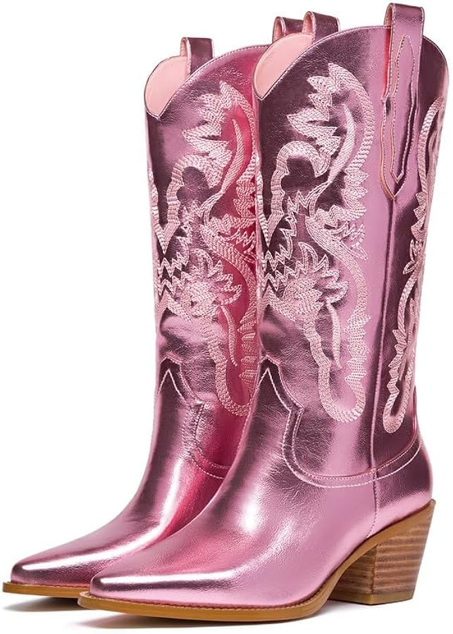 GOSERCE Western Cowboy Mid Wide Calf Boots Pull-Up Tabs Embroidered Sparkly Glitter Metallic Cowg... | Amazon (US)