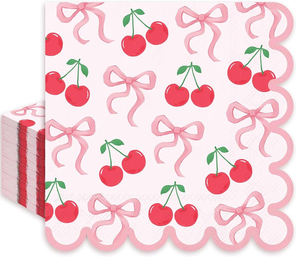 50Pcs Pink Bow Cherry Napkins Cherries Bows Disposable Napkins Coquette Cute Scalloped Edge Paper... | Amazon (US)