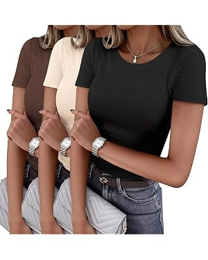 Ekouaer Women Short Sleeve Shirts Lightweight Basic Tops Ribbed Knit Outfit Tees Crew Neck T-Shir... | Amazon (US)