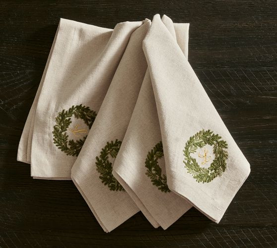 Rustic Wreath Embroidered Cotton/Linen Napkins - Set of 4 | Pottery Barn CA