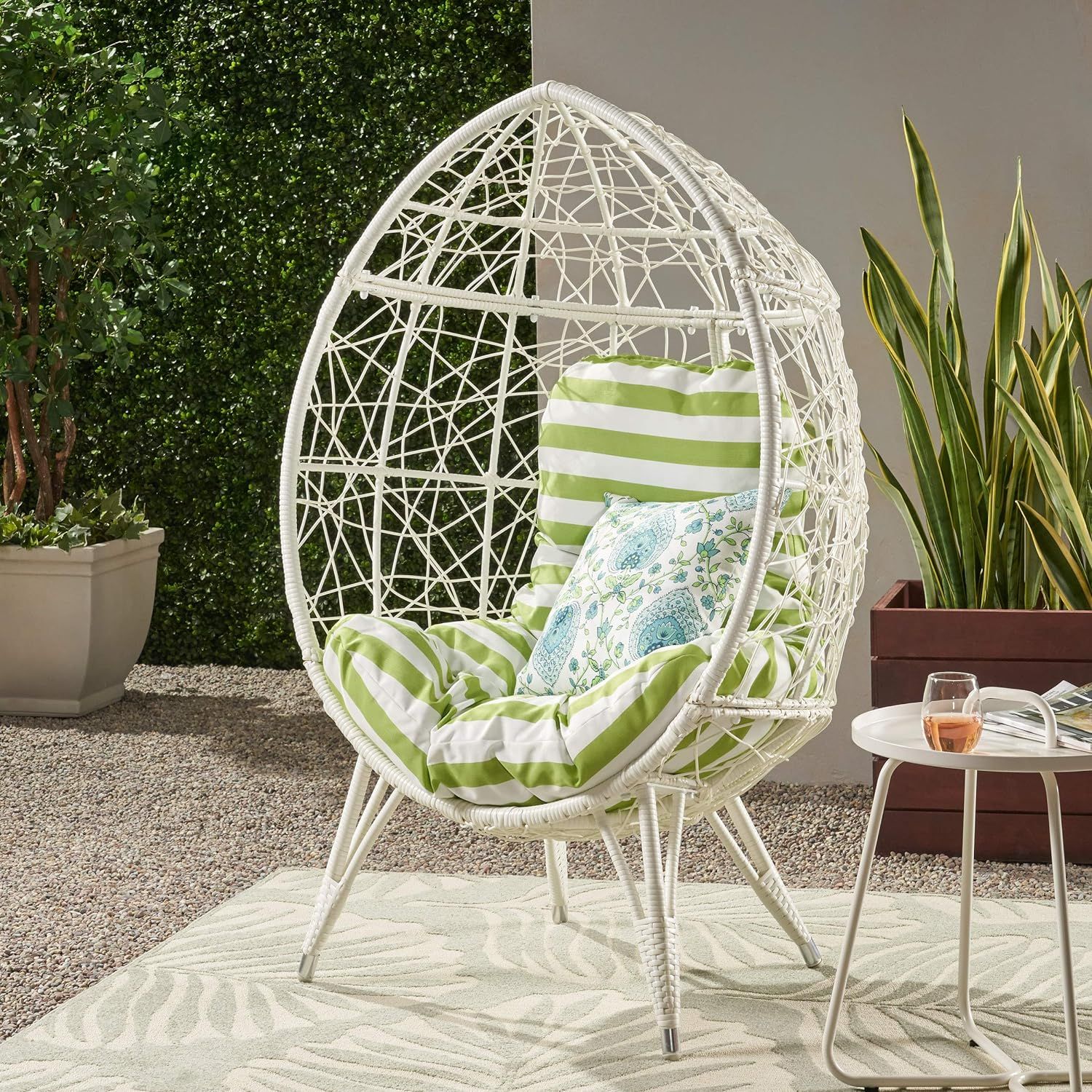 Valerie Outdoor Wicker Teardrop Chair with Cushion, White and Green | Amazon (US)