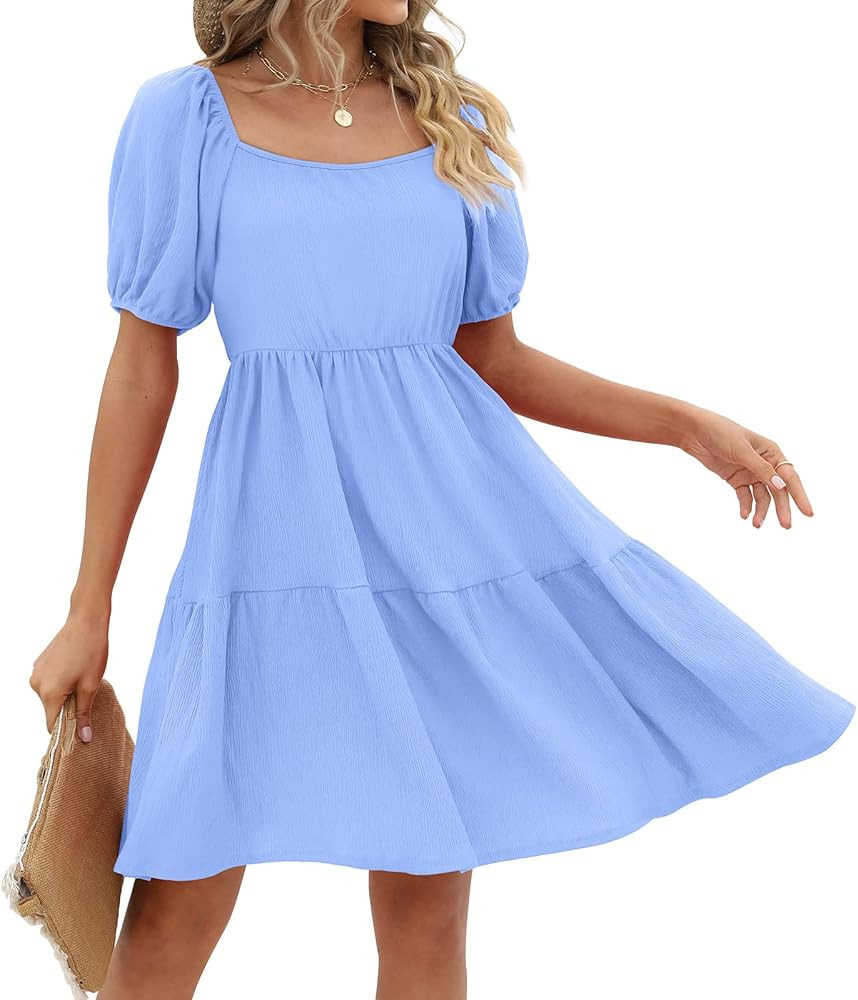 Womens Dresses Square Neck Puff Sleeve Casual Loose Spring A-Line Dresses | Amazon (US)