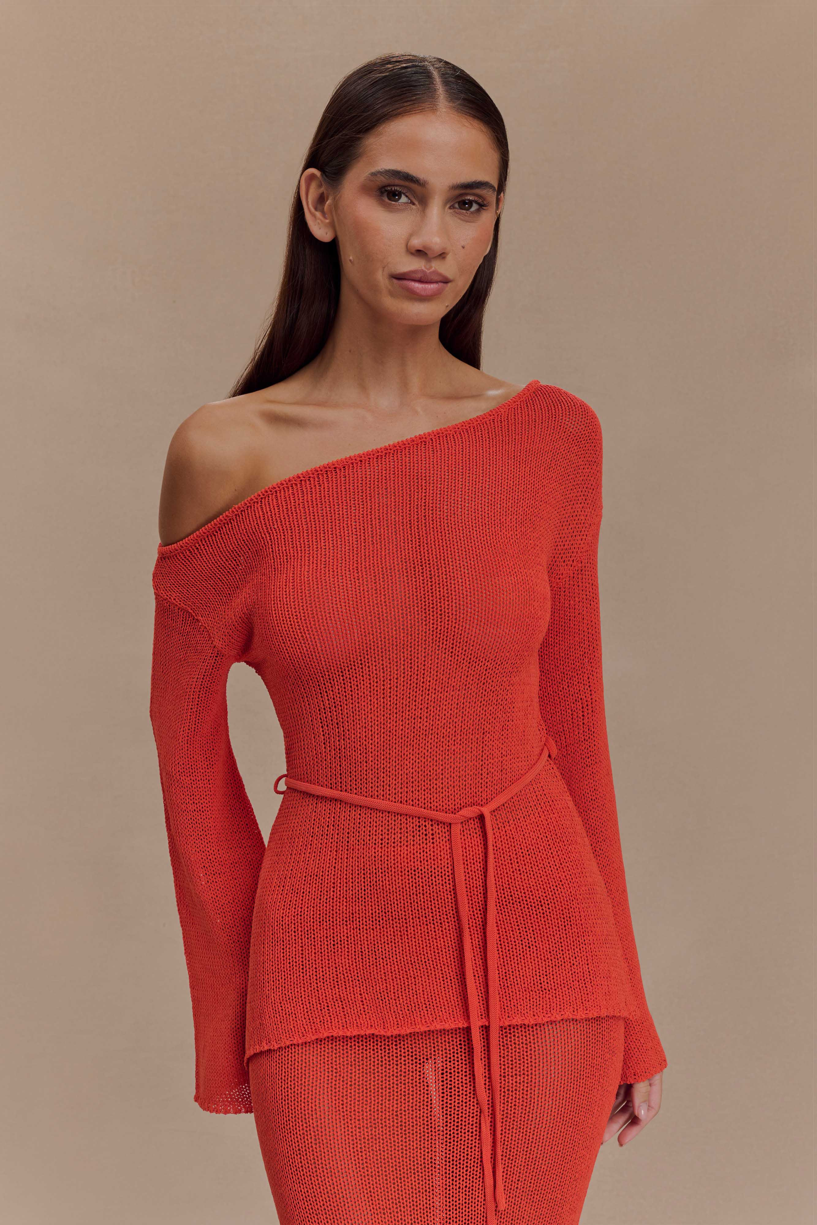 Off Shoulder Knit Top - Orange | MESHKI US