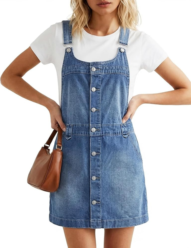 Denim Overall Dress for Women Casual Adjustable Strap Button Down Jean Romper with Pockets Summer... | Amazon (US)