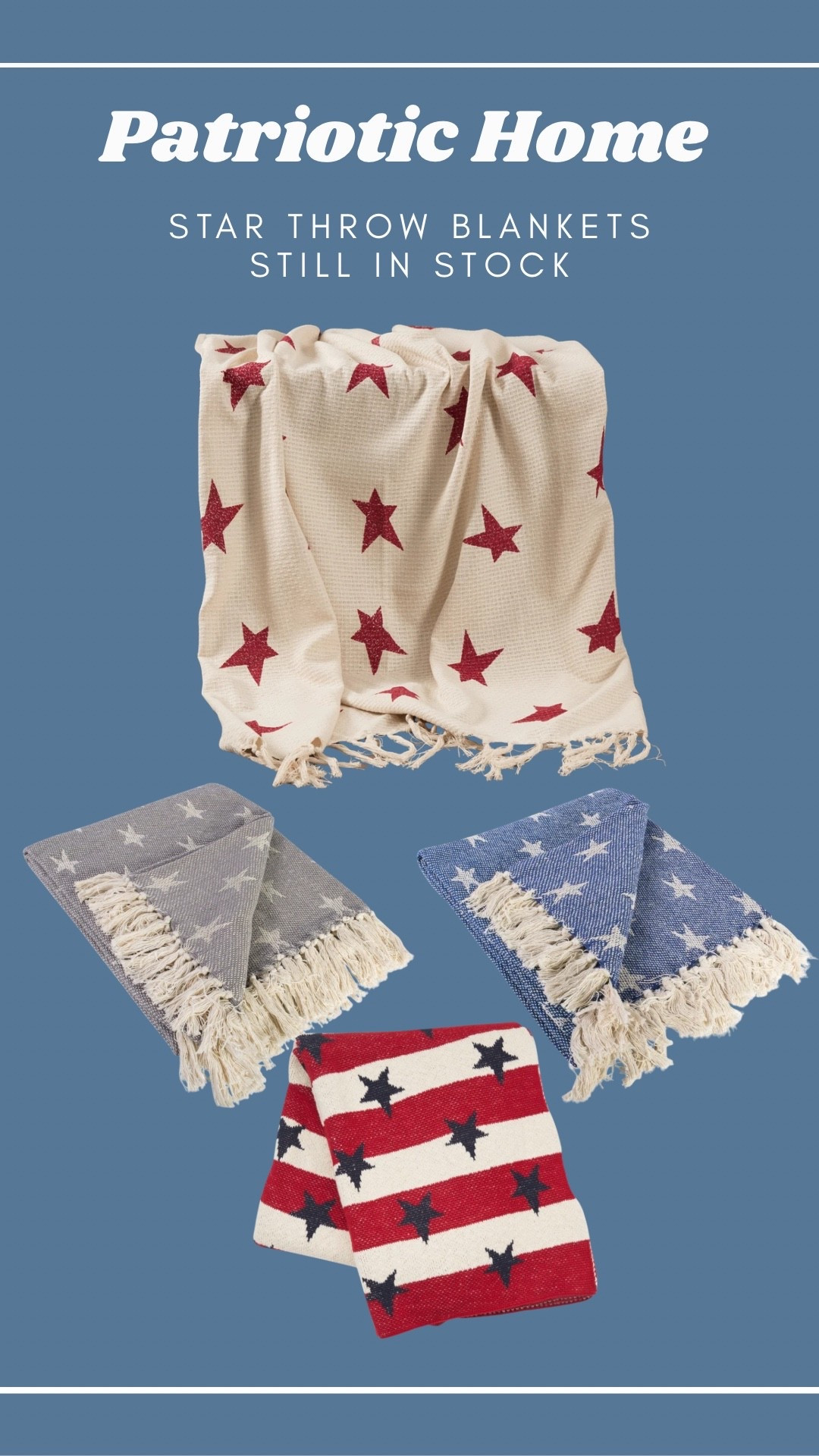 More cute star throw blankets still in stock (for now!). Patriotic home, 4th of July decor

#LTKHome #LTKSeasonal