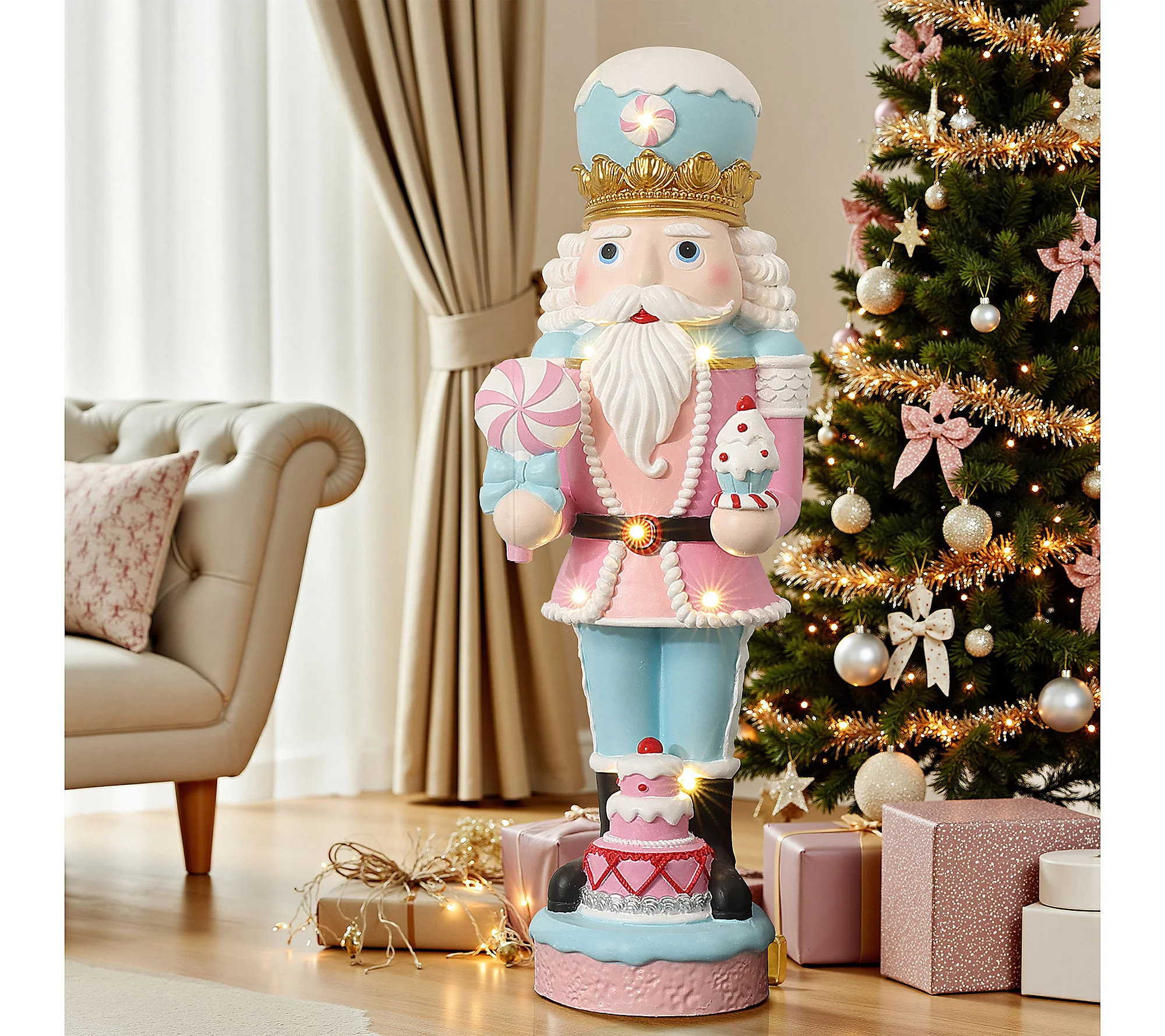 LuxenHome 4ft Lighted Pink Nutcracker with Cake, Xmas Decor | QVC