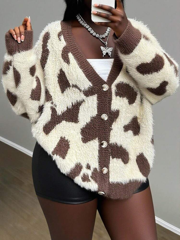 Slaydiva 2025 New Autumn And Winter American Casual Loose Knit Color Block Cropped Cardigan, Flattering Streetwear Style Cow Print Cardigan Fuzzy Cardigan Animal Print Sweater Cow Print Sweater Y2k Cardigan Fall | SHEIN