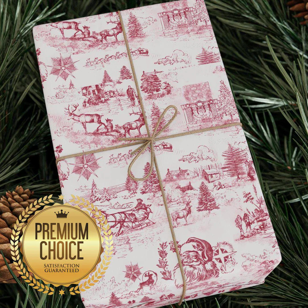 White and Maroon Vintage Santa Claus Toile Style Christmas Wrapping Paper, Red and White Toile Ho... | Etsy (US)