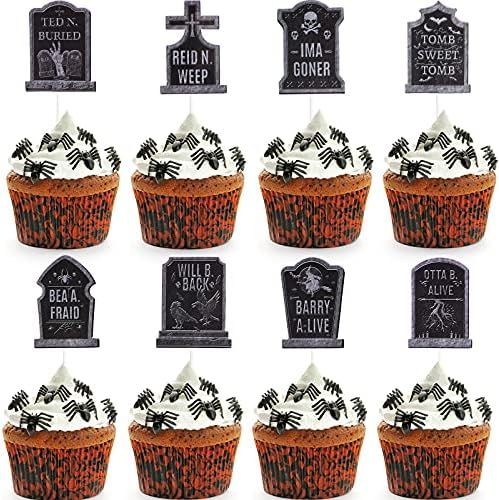 48 Pieces Halloween Cake Decorations Tombstones Cupcake Picks Graveyard Cupcake Toppers Gravestone C | Amazon (US)