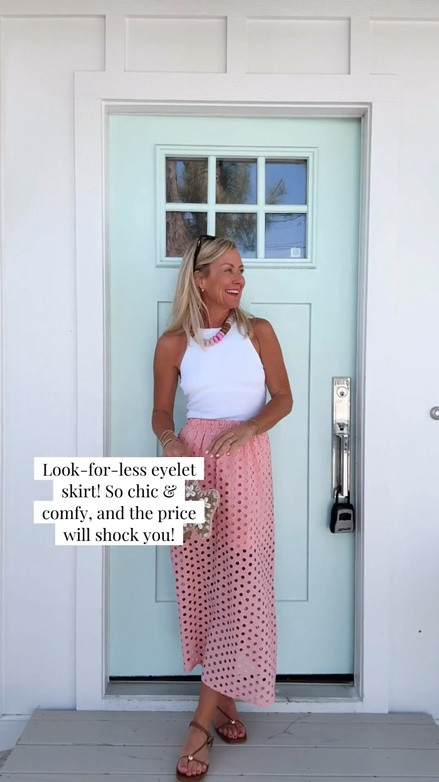 Can’t get enough of this look for less cotton, eyelet skirt! Paired with my go to tank with built-in bra and statement necklace, it’s the perfect easy summer outfit.

Tank: small
Skirt: small ￼

#LTKOver40 #LTKootd