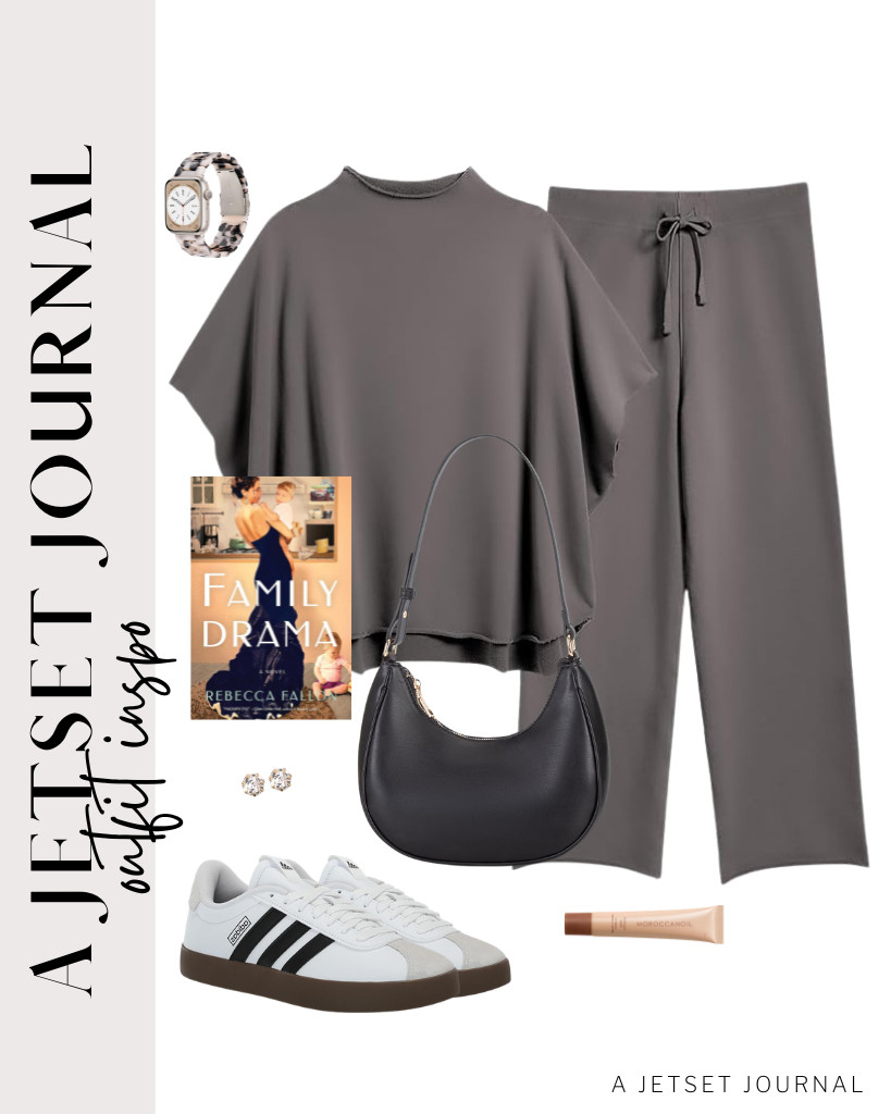 A dark gray two-piece set of batwing sleeves and wide-leg pants is a flattering outfit for an airplane or coffee run. I’m into this color because of its versatility. You can pair it with this Adidas sneaker that matches this resin Apple Watch band. 

 #LTKSeasonal #LTKSaleAlert #LTKTravel
