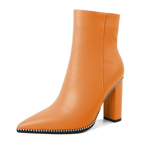 Eldof Women's Ankle Boots Closed Pointed Toe Chunky Heel Boots Beaded Block Heel Booties for Women Side Zipper Faux Leather Orange 3.5 Inches US Size 6.5 | Amazon (US)