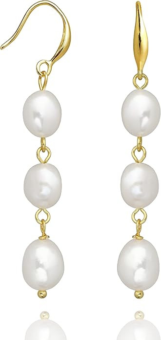 Long Pearl Earrings for Women 14K Gold Plated Sterling Silver Baroque Pearl Dangle Drop Earrings ... | Amazon (US)