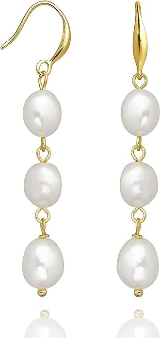 Long Pearl Earrings for Women 14K Gold Plated Sterling Silver Baroque Pearl Dangle Drop Earrings ... | Amazon (US)
