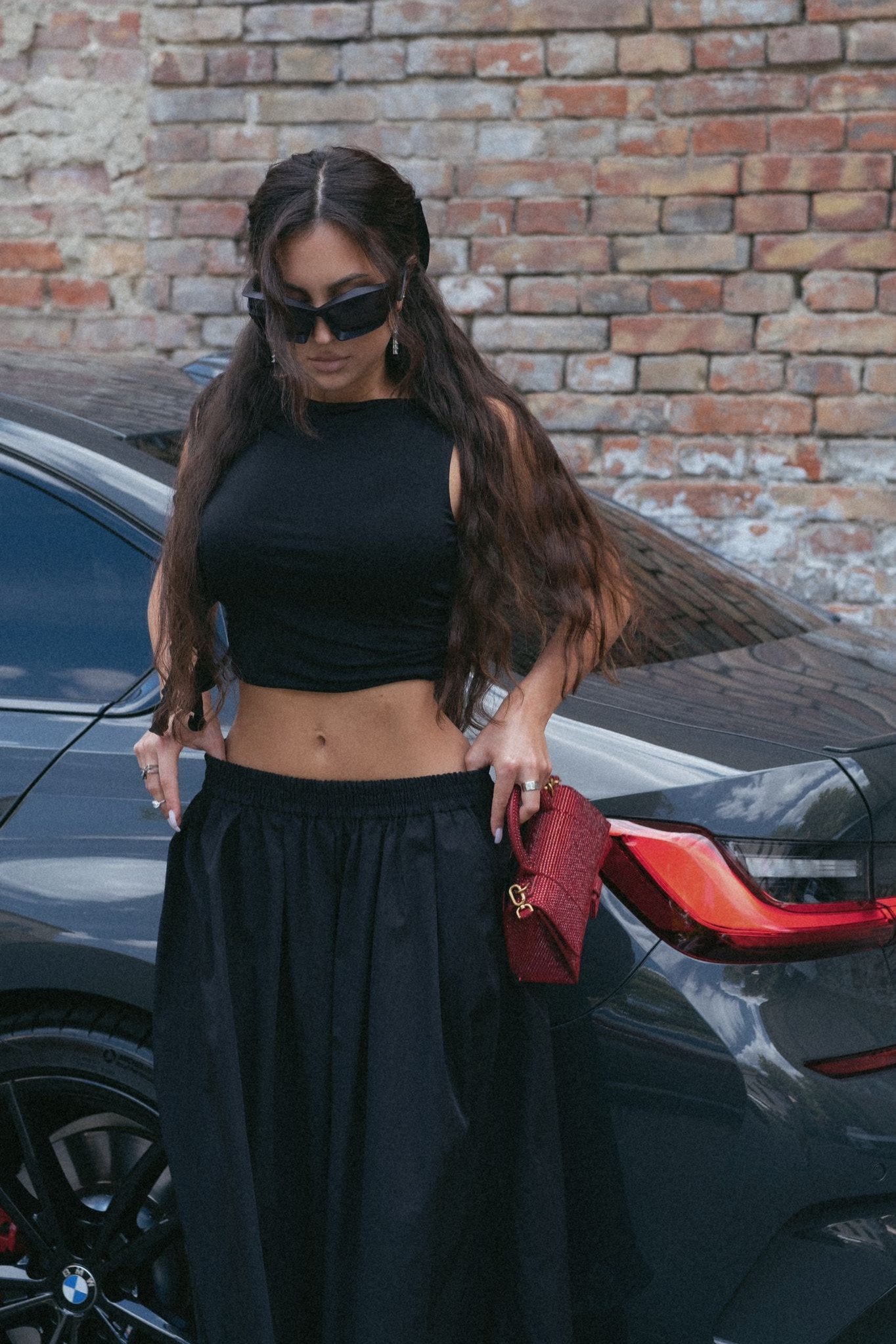 Black sunglasses, black backless top, tank top, black maxi skirt, red rhinestones bag, Givenchy  

#LTKeurope #LTKSeasonal #LTKstyletip