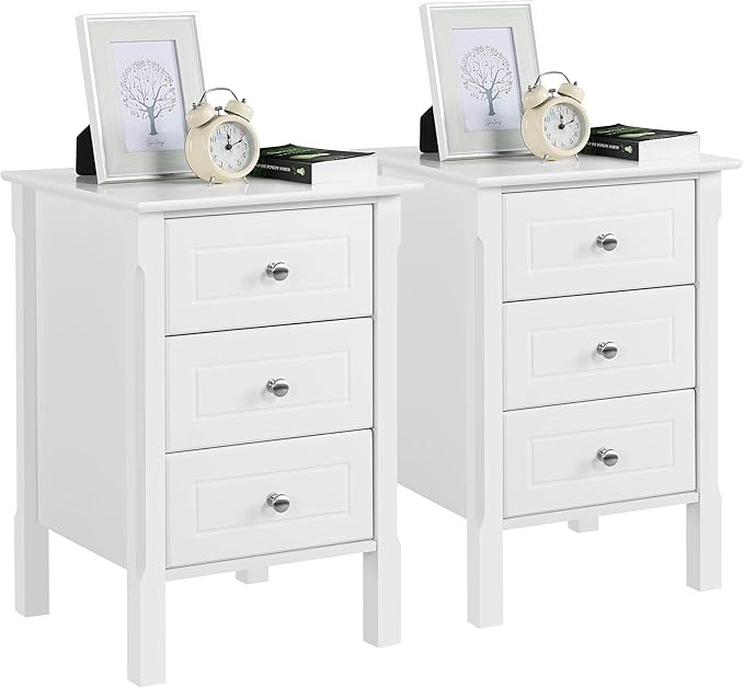 Yaheetech White Bedside Tables Set of 2Pcs Chest of 3 Drawers Narrow Side Tables Wood Nightstands... | Amazon (UK)