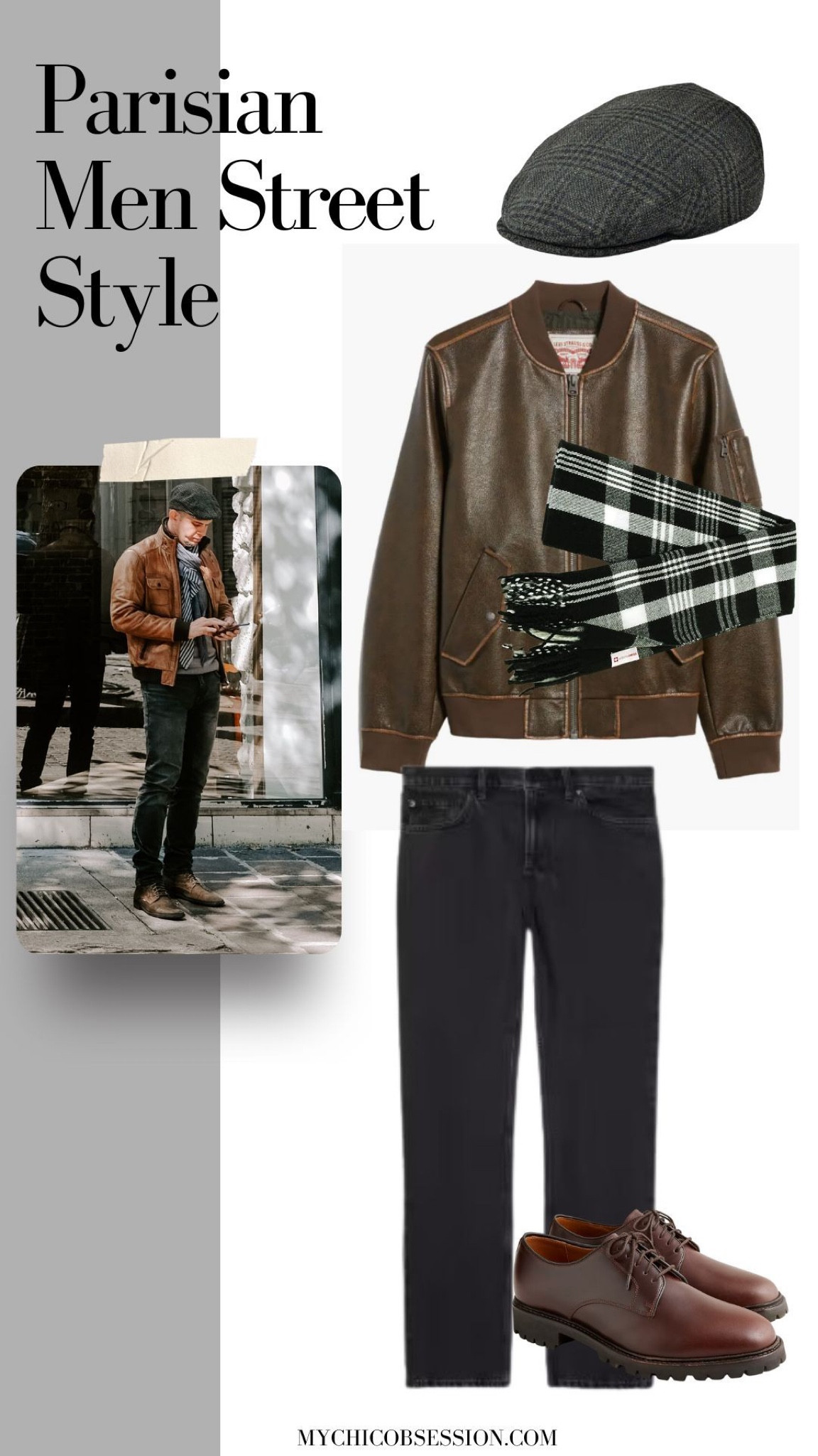 I love the vintage flare to this look with the worn look of the brown leather bomber jacket and newsboy hat. Throw in a complimentary pattern with a plaid scarf, and finish the look with a pair of Oxford shoes.

#LTKmens #LTKstyletip #LTKSeasonal