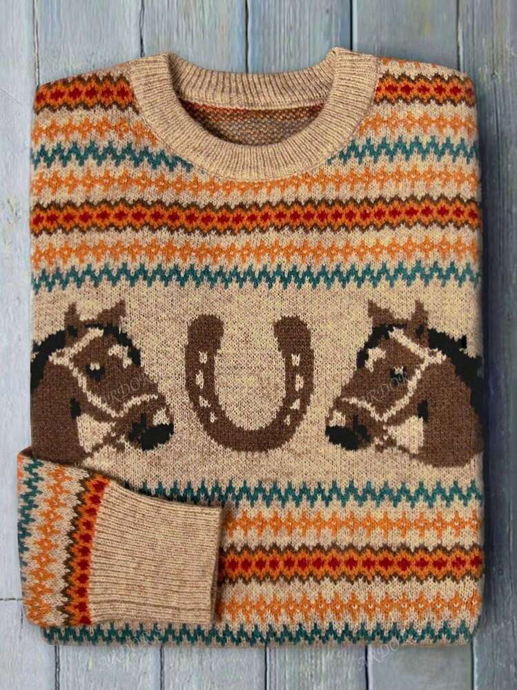 TrendsFashion, Leisure, Oversize Comfort, Creativity, Horsehead Contrast Pattern, Knitted Long-Sl... | SHEIN