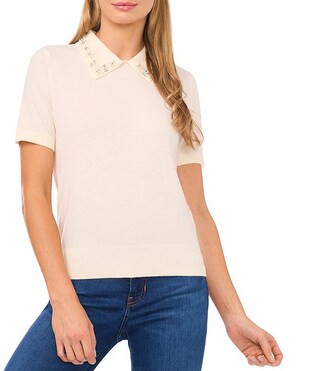 CeCe Knit Point Collar Floral Embellished Short Sleeve Sweater | Dillard's | Dillard's