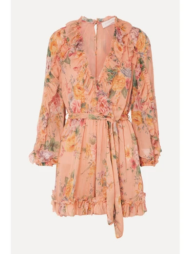 Zimmermann - Zinnia Belted Ruffled Floral-print Silk-crepon Playsuit - Peach | NET-A-PORTER (US)