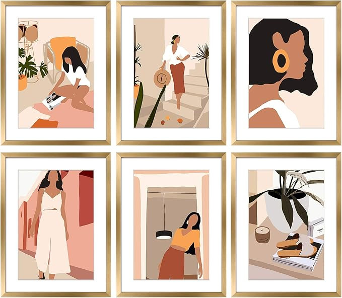 ArtbyHannah 6 Pack 11x14 Inch Gold Picture Frame Sets with Minimalist Wall Art Decor- Made to Dis... | Amazon (US)