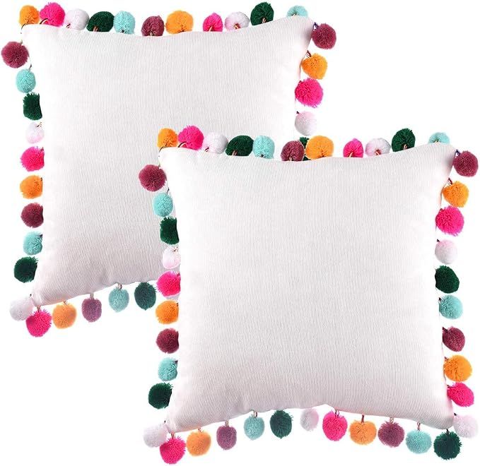 Pom Pom Pillow Cover 16x16 Inches White Decorative Throw Pillowcase with Colorful Pom Poms for Co... | Amazon (US)