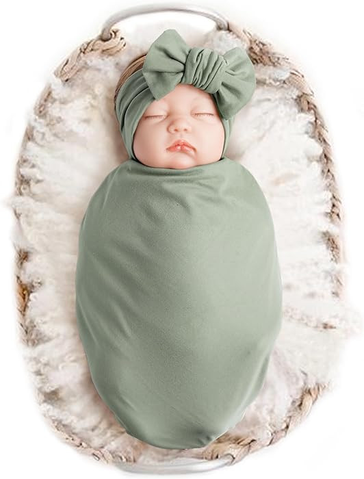 Konssy Baby Girl Newborn Receiving Blanket with Headband Set Baby Swaddle Nursery Swaddle Wrap | Amazon (US)